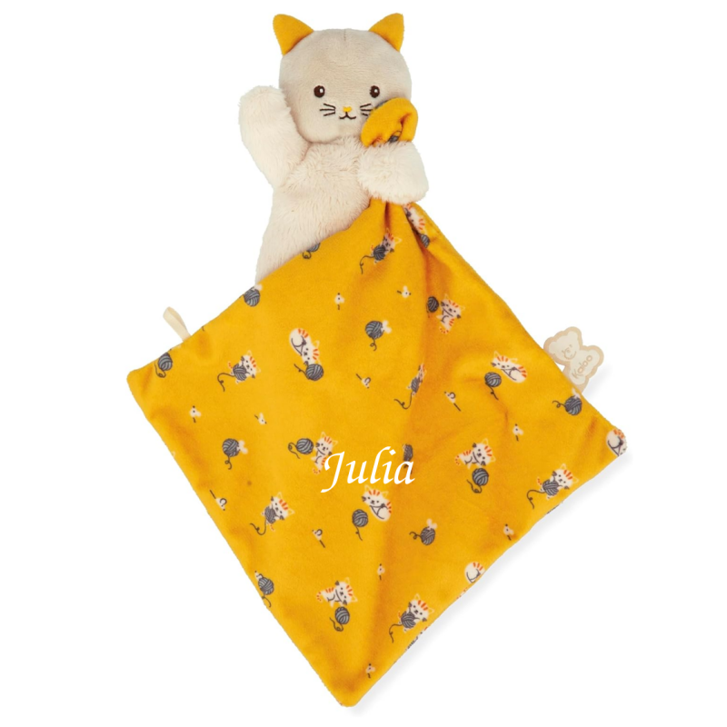 Moulin Roty Les Moustaches Doudou plat Lulu le chat jaune moutarde 25 cm